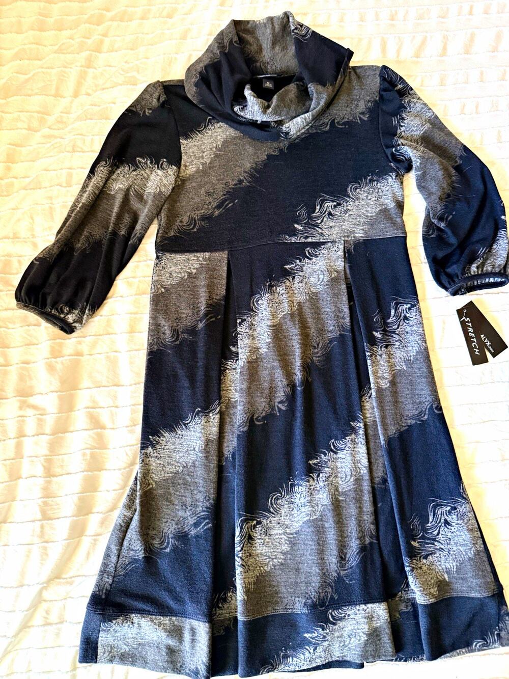 Black Gray Abstract Knit Stretch Cowl Neck Dress M